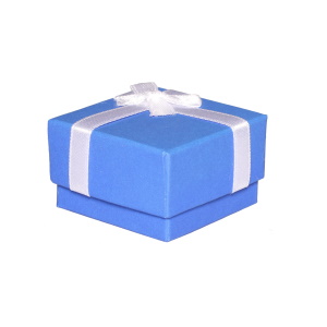 Ecrin boîte cadeau pour bague en carton de couleur bleu avec nœud en textile de couleur blanc. Intérieur en mousse blanche.