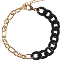Bracelet composé d'une chaîne en acier doré et d'une chaîne en maille en matière synthétique de couleur noire. Fermoir mousqueton avec 3 cm de rallonge.