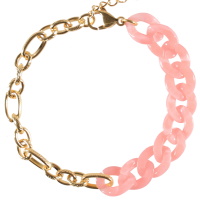 Bracelet composé d'une chaîne en acier doré et d'une chaîne en maille en matière synthétique de couleur rose. Fermoir mousqueton avec 3 cm de rallonge.