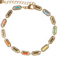 Bracelet composé d'une chaîne de pastilles rectangulaires arrondies en acier doré pavées en alternance en émail multicolore. Fermoir mousqueton avec 3 cm de rallonge.
