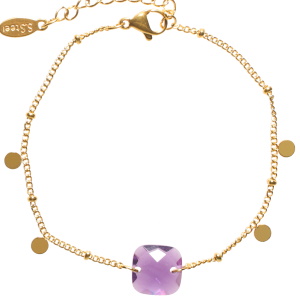 Bracelet composé d'une chaîne avec pampilles rondes en acier doré et d'une pierre de couleur violette de forme carré. Fermoir mousqueton avec 3 cm de rallonge.