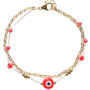 Bracelet double rangs composé d'une chaîne en acier doré et d'une chaîne avec perles en acier doré, de perles de couleur rouge et d'une pierre avec le dessin d'un œil de Turquie. Fermoir mousqueton avec 3 cm de rallonge.