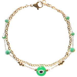 Bracelet double rangs composé d'une chaîne en acier doré et d'une chaîne avec perles en acier doré, de perles de couleur verte et d'une pierre avec le dessin d'un œil de Turquie. Fermoir mousqueton avec 3 cm de rallonge.