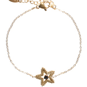 Bracelet composé d'une chaîne en acier doré et d'une étoile surmontée d'un cristal de couleur noir serti griffes. Fermoir mousqueton avec 3 cm de rallonge.