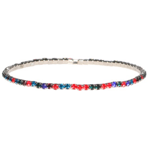 Bracelet fantaisie élastique en métal argenté et strass en cristaux synthétiques multicolores.
