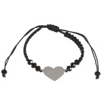 Bracelet fantaisie avec cordon en textile, pierres de couleur noire et cœur en métal argenté.