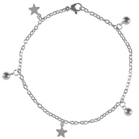 Bracelet composé d'une chaîne avec breloques boules et étoiles en acier argenté.