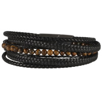 Bracelet multi rangs pour homme en cuir de couleur noire, perles de couleur et fermoir en métal argenté.