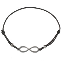 Bracelet fantaisie composé d'un cordon élastique en coton de couleur noire et d'un symbole infini en métal argenté.