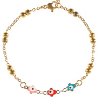 Bracelet composé d'une chaîne avec boules en acier doré et de perles avec un œil en émail multicolore. Fermoir mousqueton avec 3 cm de rallonge.