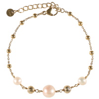 Bracelet composé d'une chaîne avec perles en acier doré et véritables perles de nacre. Fermoir mousqueton avec 3 cm de rallonge.