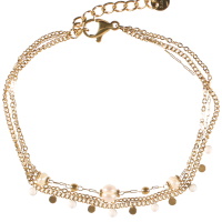 Bracelet triple rangs composé d'une chaîne en acier doré, d'une chaîne avec pampilles rondes en acier doré et pavées d'émail de couleur blanche et d'une chaîne en acier doré et des perles d'imitation. Fermoir mousqueton avec 3 cm de rallonge.