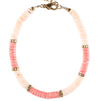Bracelet composé de perles cylindriques en acier doré et de perles cylindriques de couleur rose et blanche. Fermoir mousqueton en acier doré avec 3 cm.