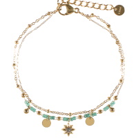 Bracelet double rangs composé d'une chaîne en acier doré, ainsi qu'une chaîne avec perles et pampilles rondes en acier doré et de perles de couleur verte avec un pendant en forme d'étoile serti d'un cristal. Fermoir mousqueton en acier doré avec 3 cm.