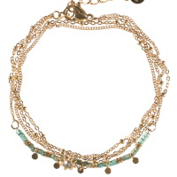Bracelet double rangs et double tours composé d'une chaîne en acier doré avec une étoile sertie d'un cristal, ainsi qu'une chaîne avec pampilles en acier doré et de perles cylindriques de couleur verte. Fermoir mousqueton en acier doré avec 3 cm.