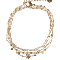 Bracelet double rangs et double tours composé d'une chaîne en acier doré avec une étoile sertie d'un cristal, ainsi qu'une chaîne avec pampilles en acier doré et de perles cylindriques de couleur blanche. Fermoir mousqueton en acier doré avec 3 cm.