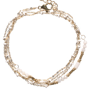 Bracelet double tours et double rangs composé d'une chaîne en acier doré et de perles cylindriques en émail de couleur blanche, ainsi qu'une chaîne en acier doré et de perles de couleur blanche. Fermoir mousqueton avec 3 cm de rallonge.