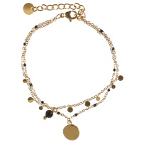 Bracelet double rangs composé d'une chaîne avec pampilles rondes en acier doré et une perle de couleur noire et d'une chaîne avec pendant pastille ronde en acier doré et perles en émail de couleur noir. Fermoir mousqueton avec 3 cm de rallonge.