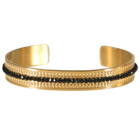 Bracelet jonc ouvert rigide en acier doré surmonté d'un fil de cristaux de couleur noir.