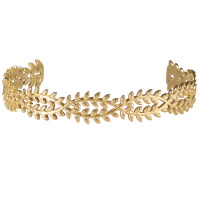Bracelet jonc ouvert en forme de branches de laurier en acier doré.