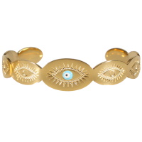 Bracelet jonc ouvert rigide composé de pastilles ovales avec œil de Turquie en acier doré et un œil en émail de couleur.