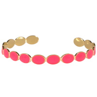 Bracelet jonc ouvert composé de pastilles ovales en acier doré pavées d'émail de couleur rose.
