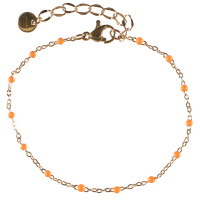 Bracelet composé d'une chaîne en acier doré et de perles en émail de couleur orange. Fermoir mousqueton avec 3 cm de rallonge.