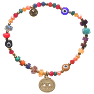 Bracelet élastique composé de perles en acier doré, de perles multicolores, de trois perles avec œil de Turquie et d'une pastille ronde en acier doré représentant un œil de Turquie. 