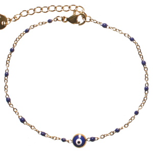 Bracelet composé d'une chaîne en acier doré, de perles en émail de couleur bleu et d'un œil de Turquie. Fermoir mousqueton avec 3 cm de rallonge.