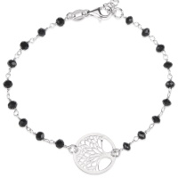Bracelet composé d'une chaîne avec arbre de vie en argent 925/000 rhodié et perles de couleur noire. Fermoir anneau ressort avec 3 cm de rallonge.