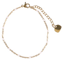 Bracelet composé d'une chaîne en acier doré et de perles en émail de couleur blanche. Fermoir mousqueton avec 4 cm de rallonge.