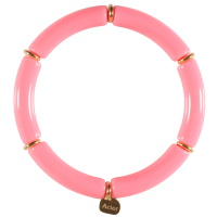 Bracelet jonc élastique composé d'un fil nylon, de perles cylindriques en acier doré et de tubes de couleur rose.