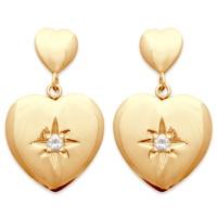 Boucles d'oreilles pendantes composées de deux cœurs en plaqué or jaune 18 carats dont un cœur serti d'un oxyde de zirconium blanc.