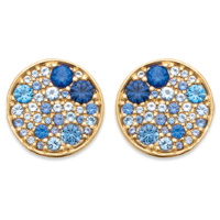 Boucles d'oreilles puces rondes en plaqué or jaune 18 carats pavées de pierres synthétiques de couleur bleue.
