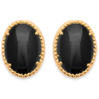 Boucles d'oreilles puces en plaqué or jaune 18 carats surmontées de véritable pierre d'agate noire sertie 4 griffes de forme ovale.