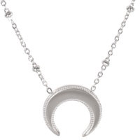 Collier composé d'une chaîne et d'un pendentif croissant avec contour en relief en acier argenté. Fermoir mousqueton avec une rallonge de 5 cm.