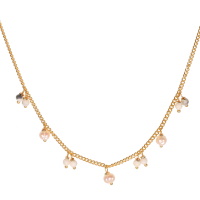 Collier composé d'une chaîne en acier doré avec pampilles en perles de couleur blanche et perles de nacre. Fermoir mousqueton avec 5 cm de rallonge.