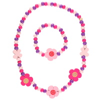 Parure pour enfant composée d'un collier et d'un bracelet élastique de perles et de fleurs en bois multicolore.