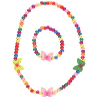 Parure pour enfant composée d'un collier et d'un bracelet élastique de perles et de papillons en bois multicolore.