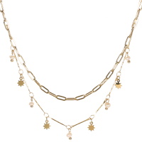 Collier double rangs composé d'une chaîne de 38 cm de long en acier doré, ainsi qu'une chaîne de 40 cm de long avec pampilles étoiles en acier doré et pampilles perles de nacre. Fermoir mousqueton avec 5 cm de rallonge.
