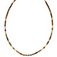 Collier composé de perles en acier doré et de perles en pierre de couleur marron. Fermoir mousqueton avec 5 cm.