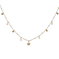 Collier composé d'une chaîne avec pampilles rondes et un pendentif en forme de soleil en acier doré et de pampilles en perles synthétiques. Fermoir mousqueton avec 5 cm de rallonge.