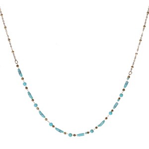 Collier composé d'une chaîne avec perles en acier doré et de perles de couleur bleue turquoise. Fermoir mousqueton avec 5 cm de rallonge.
