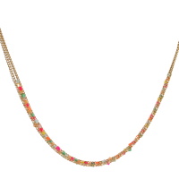 Collier composé d'une double chaîne en acier doré avec de perles multicolores. Fermoir mousqueton avec 5 cm de rallonge.