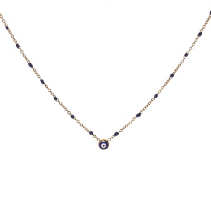 Collier composé d'une chaîne en acier doré, de perles en émail de couleur bleue et d'un pendentif œil de Turquie. Fermoir mousqueton avec 5 cm de rallonge.