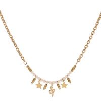 Collier composé d'une chaîne avec pendants étoiles, perles, serpent en acier doré et des perles en véritable pierre de jade blanc. Fermoir mousqueton avec 7 cm de rallonge.