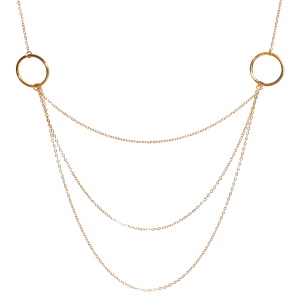 Collier composé d'une chaîne, de deux cercles et de trois chaînes en acier doré. fermoir mousqueton avec 5 cm de rallonge.