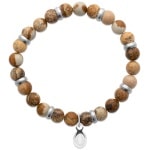 Bracelet boules élastique avec perles en pierre jaspe marron et pendant motif gueule de requin en acier argenté.