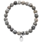 Bracelet boules élastique avec perles en pierre jaspe gris et pendant motif gueule de requin en acier argenté.
