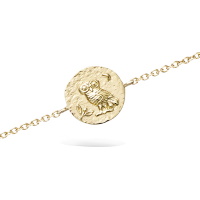 Bracelet composé d'une chaîne et d'une pastille ronde représentant un hibou en plaqué or jaune 18 carats. Fermoir mousqueton avec anneaux de rappel à 16 et 18 cm.